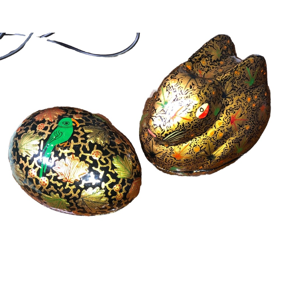 Vintage Hand Painted Lacquered Paper Mache Floral Rabbit Bird Trinket Box India - Picture 2 of 6
